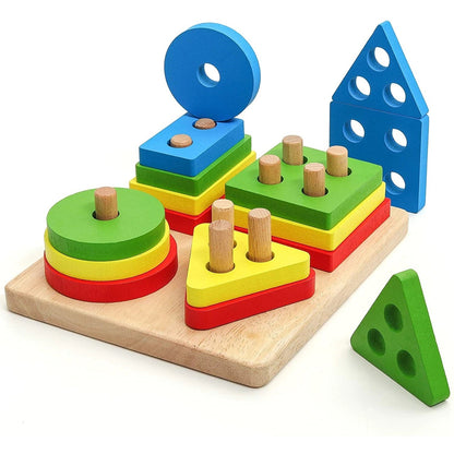 Jucarie Educativa Klevo, Tip Montessori, din Lemn, + 36 Luni, Forme Geometrice, 16 Piese, 12 x 12 cm, Multicolor