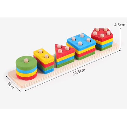 Jucarie Educativa Klevo, Tip Montessori, din Lemn, + 36 Luni, Forme Geometrice, 20 Piese, 6 x 26.5 cm, Multicolor