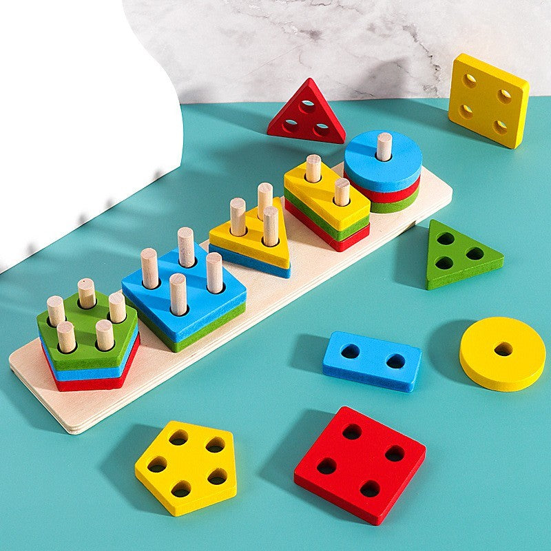 Jucarie Educativa Klevo, Tip Montessori, din Lemn, + 36 Luni, Forme Geometrice, 20 Piese, 6 x 26.5 cm, Multicolor