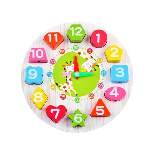Jucarie Educativa Klevo, Tip Montessori, Model Ceas Girafa, din Lemn, + 36 Luni, 12 Piese, 17 cm, Multicolor