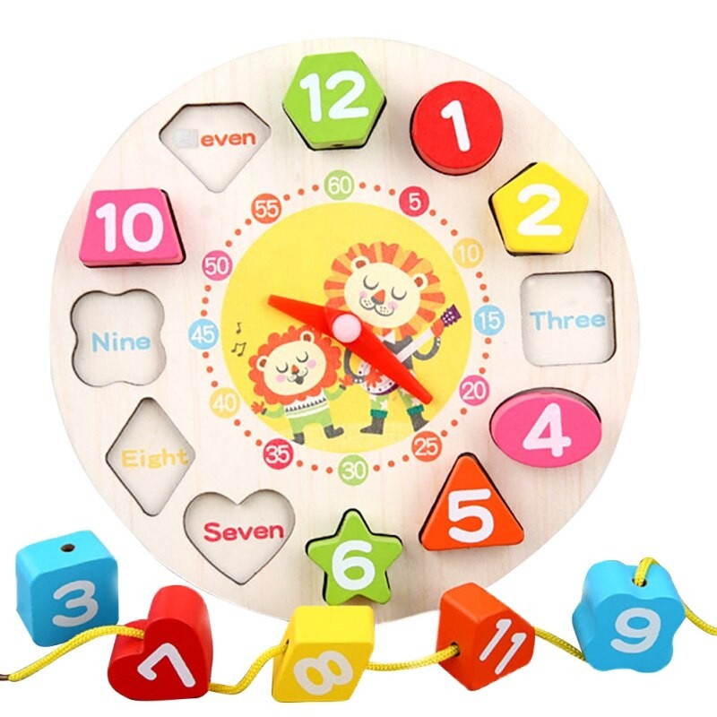 Jucarie Educativa Klevo, Tip Montessori, Model Ceas Leu, din Lemn, + 36 Luni, 12 Piese, 17 cm, Multicolor