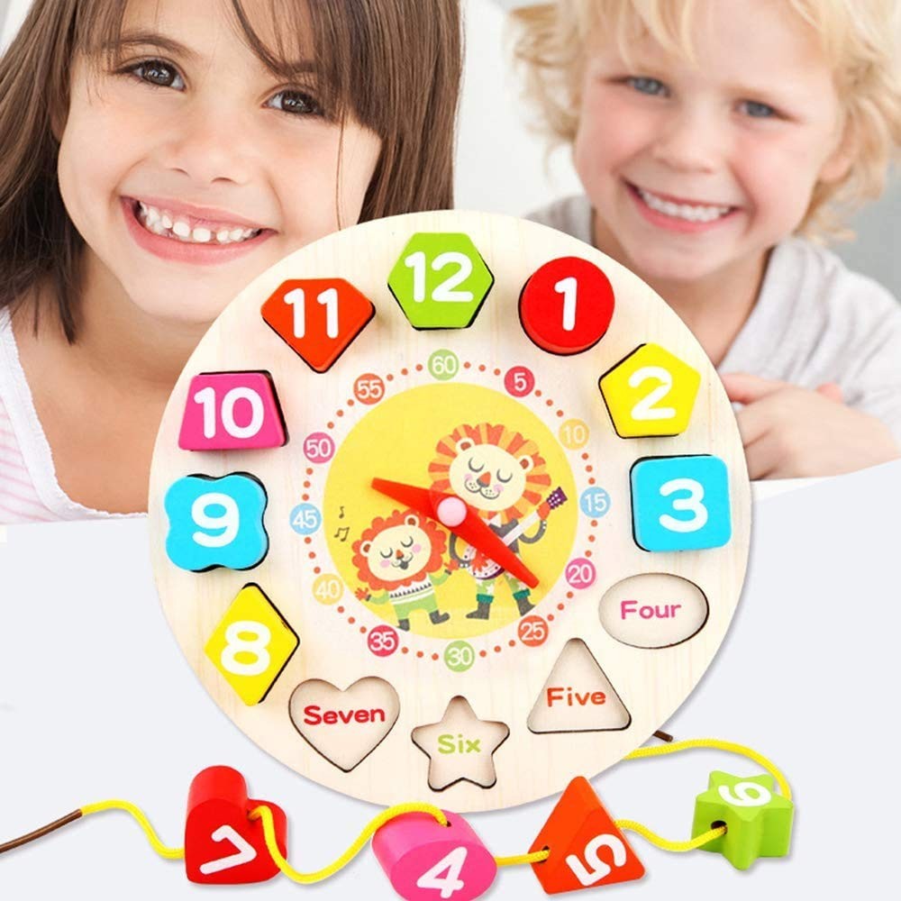 Jucarie Educativa Klevo, Tip Montessori, Model Ceas Leu, din Lemn, + 36 Luni, 12 Piese, 17 cm, Multicolor