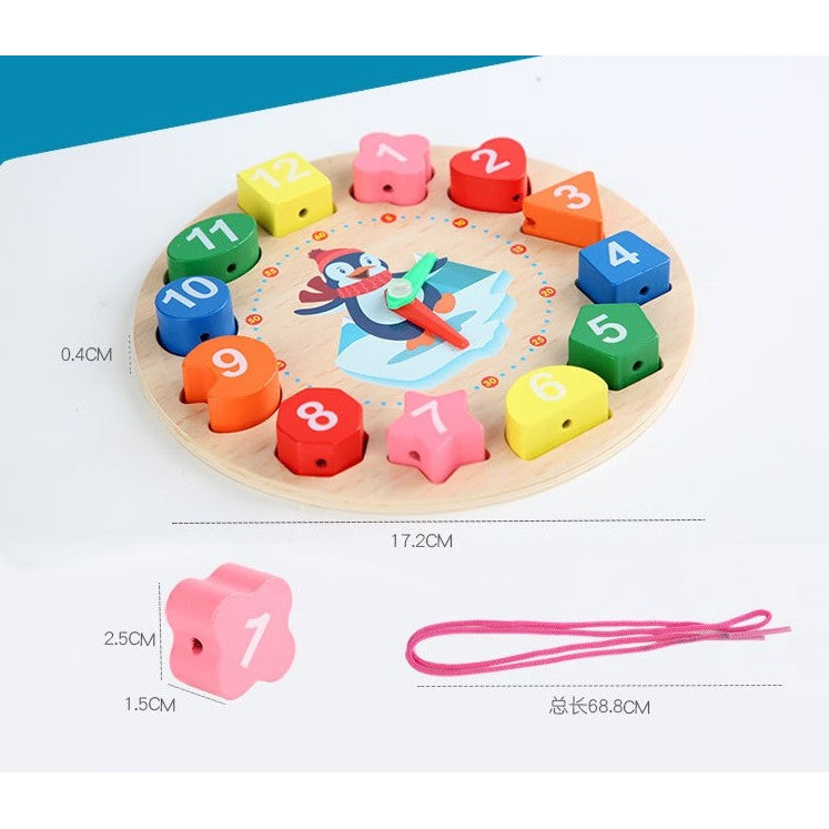 Jucarie Educativa Klevo, Tip Montessori, Model Ceas Pinguin, din Lemn, + 36 Luni, 12 Piese, 17.2 cm, Multicolor