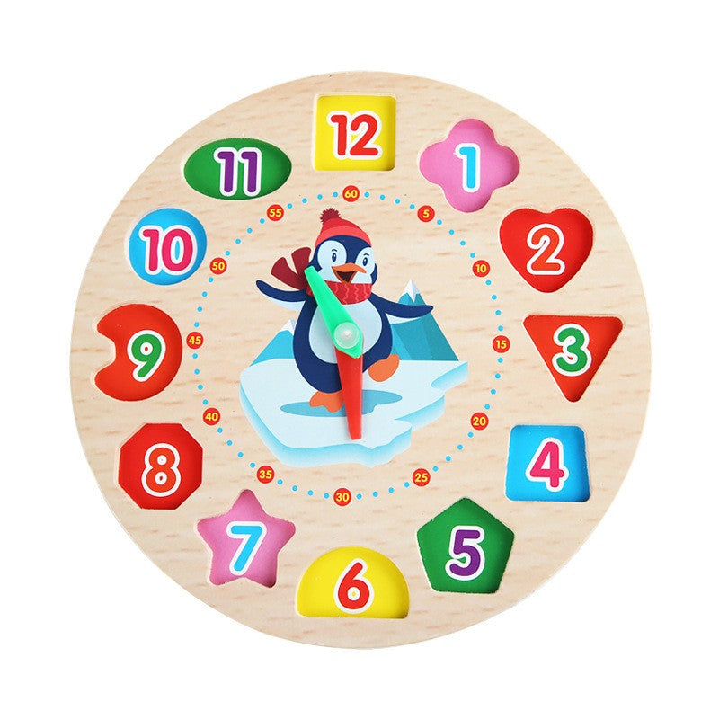 Jucarie Educativa Klevo, Tip Montessori, Model Ceas Pinguin, din Lemn, + 36 Luni, 12 Piese, 17.2 cm, Multicolor