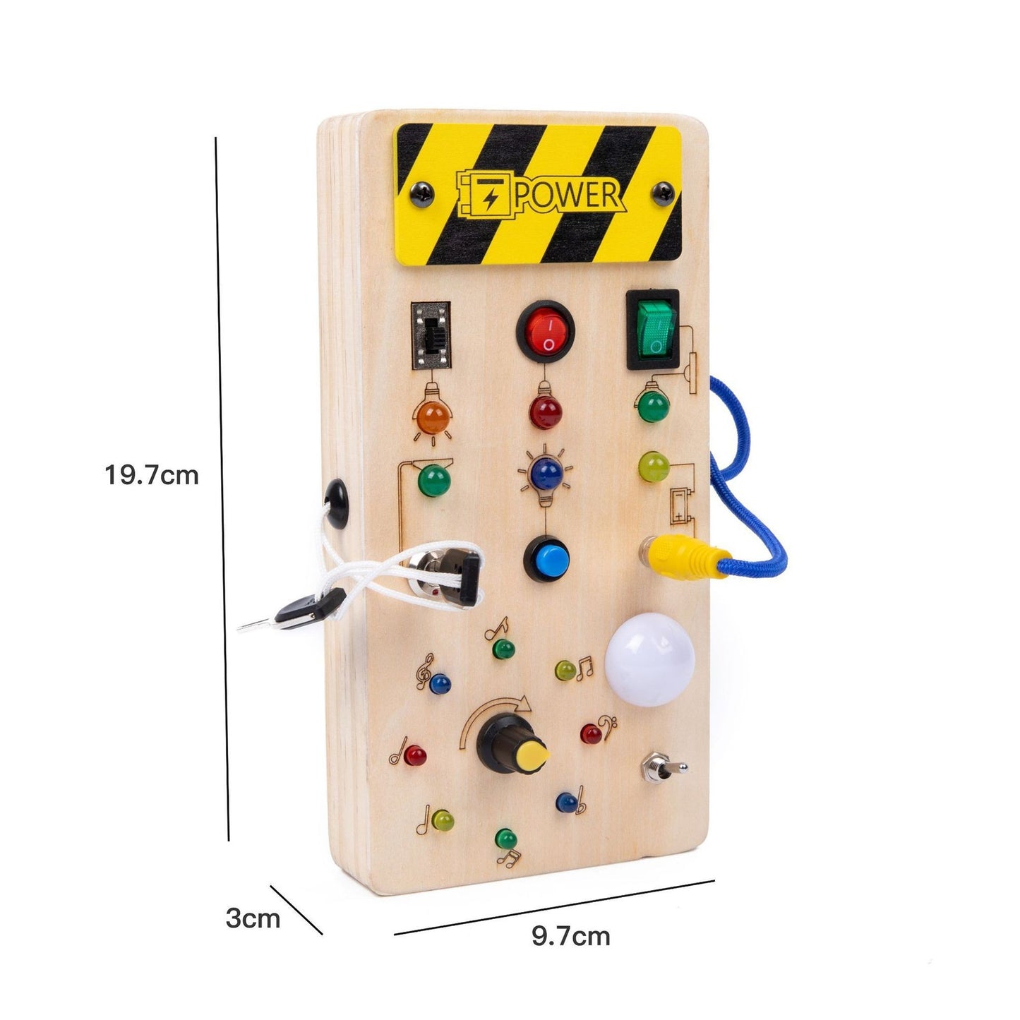 Jucarie Educativa Montessori pentru Copii, Klevo, Model Busy Board, Tableta din Lemn cu Circuit Luminos, 36 Comutatoare, Lumini LED, 19,5 x 9,7 x 3