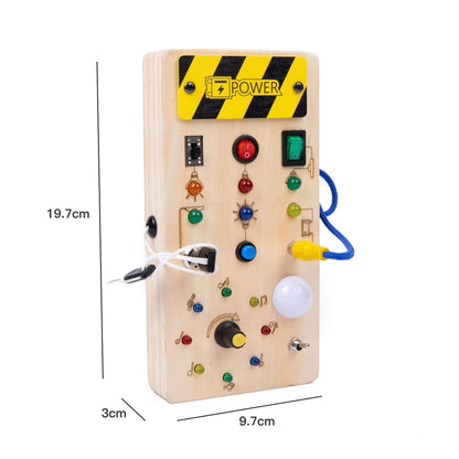 Jucarie Educativa Montessori pentru Copii, Klevo, Model Busy Board, Tableta din Lemn cu Circuit Luminos, 36 Comutatoare, Lumini LED, 19,5 x 9,7 x 3