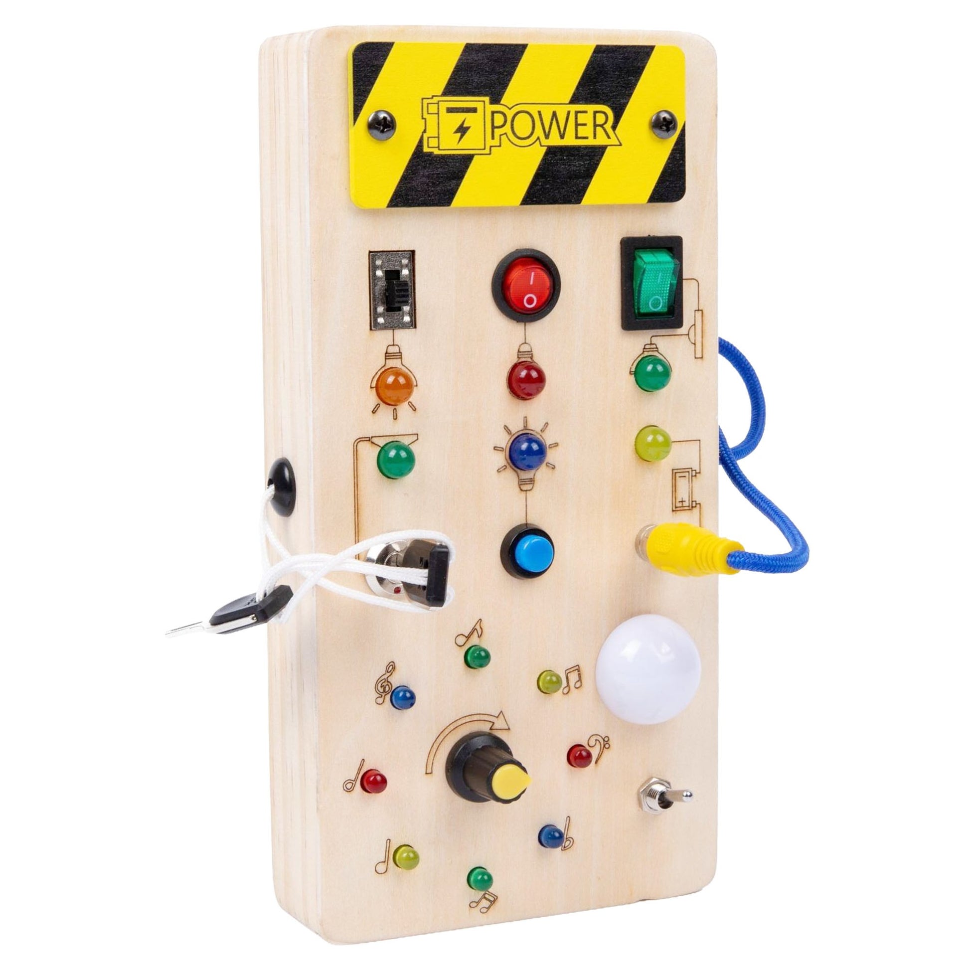 Jucarie Educativa Montessori pentru Copii, Klevo, Model Busy Board, Tableta din Lemn cu Circuit Luminos, 36 Comutatoare, Lumini LED, 19,5 x 9,7 x 3
