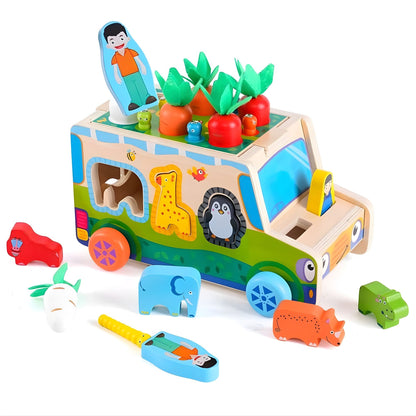 Jucarie Educativa Montessori, Klevo, Model Masinuta Educativa din Lemn 6 in 1, Sortator Forme, 1–3 ani, 23.7 x 17.5 x 12 cm, Multicolor