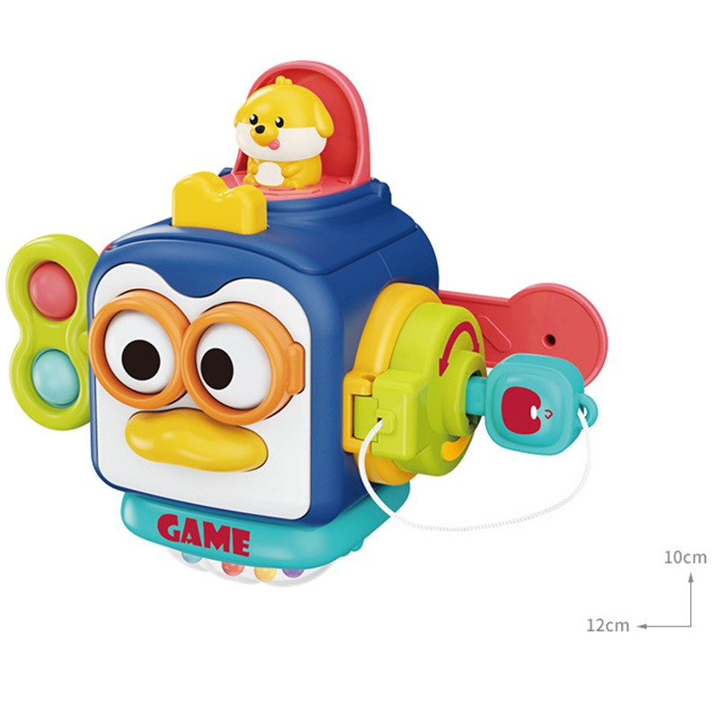 Jucarie interactiva Montessori, Klevo, Jucarie pentru Bebelusi, Model Pinguin Ocupat, din Plastic rezistent, Varsta 18+ luni, 13 x 11 x 11 cm, Albastru/Multicolor