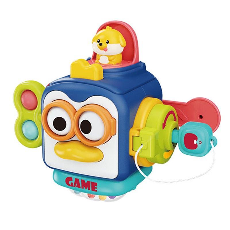 Jucarie interactiva Montessori, Klevo, Jucarie pentru Bebelusi, Model Pinguin Ocupat, din Plastic rezistent, Varsta 18+ luni, 13 x 11 x 11 cm, Albastru/Multicolor