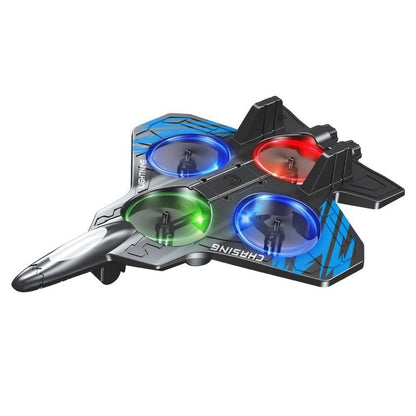 Avion de Lupta cu Telecomanda, Klevo, Tip Drona, din EVA (Spuma), cu Telecomanda, Incarcare USB, 2.4 GHz, Rotire 360°, Zbor pana la 120 m, LED, 25.5 x 18 x 5.2 cm, Negru-Albastru