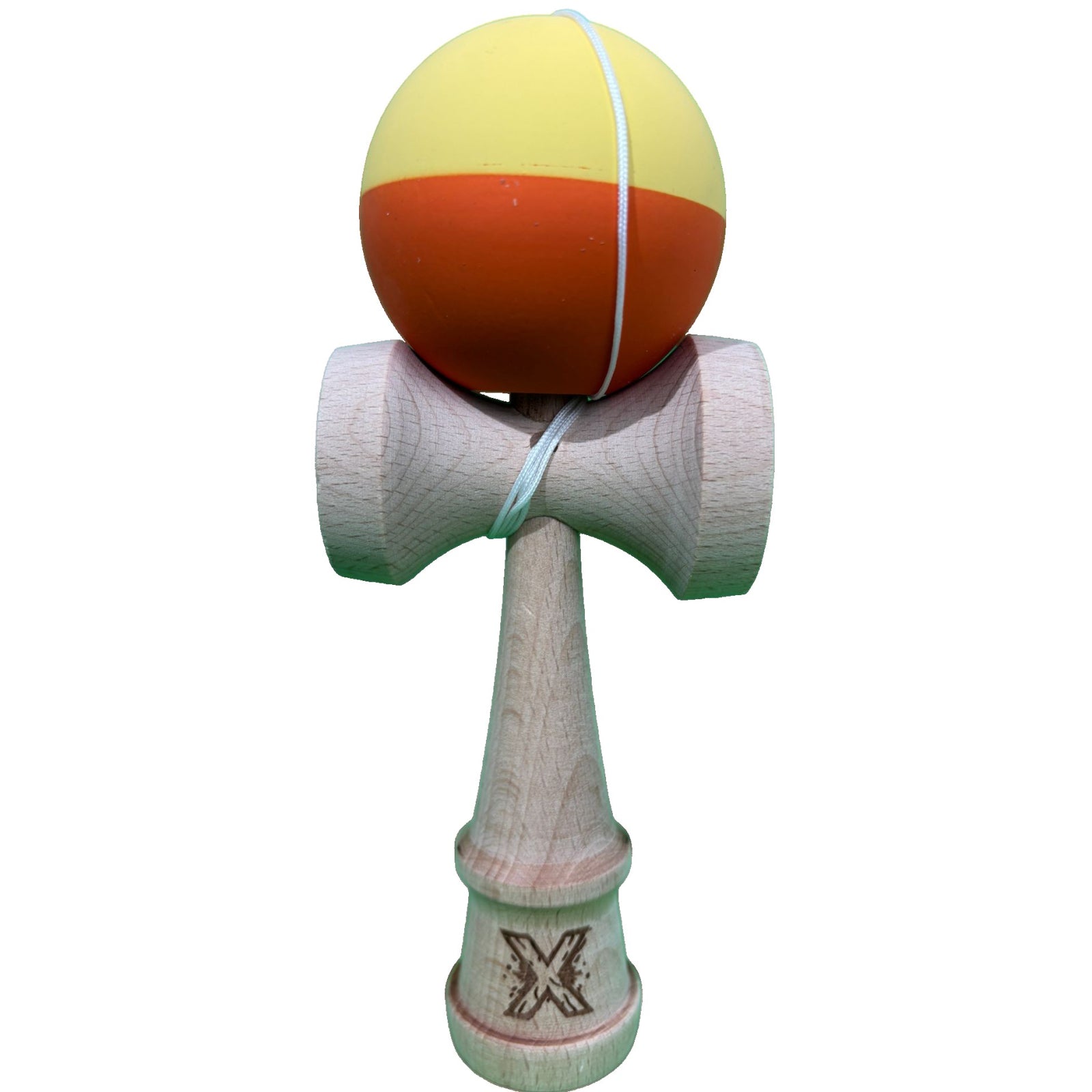 Kendama X Originala, Profesionala, Klevo, din Lemn, Rubber Grip, 18 cm, Galben/Portocaliu