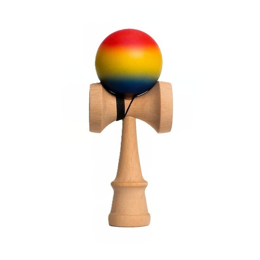 Kendama X Originala, Profesionala, Klevo, din Lemn, Rubber Grip, 18 cm,Rosu/Galben/Albastru
