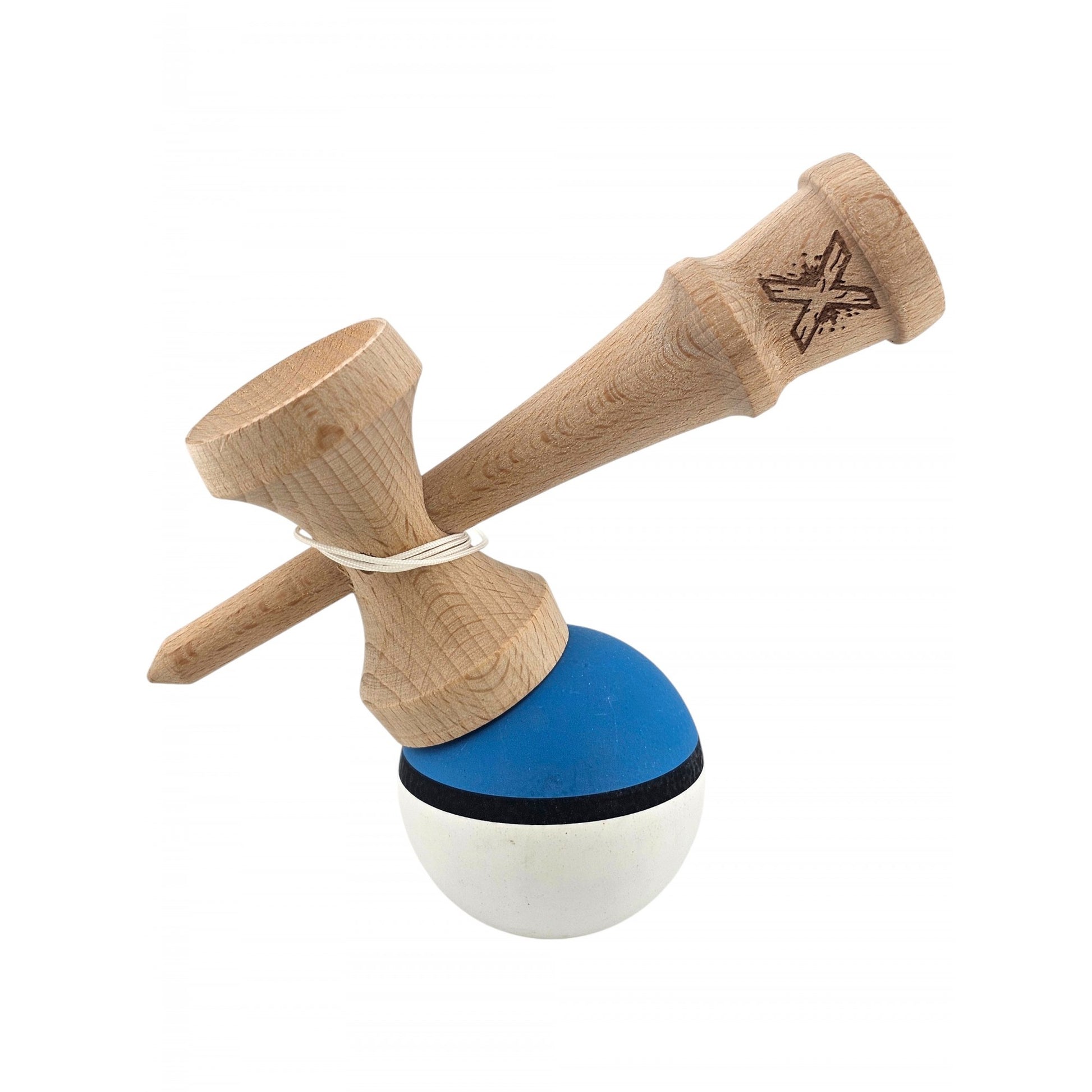 Kendama X Originala, Profesionala, Klevo, din Lemn, 18 cm, Rubber Grip, Albastru/Alb