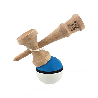 Kendama X Originala, Profesionala, Klevo, din Lemn, 18 cm, Rubber Grip, Albastru/Alb