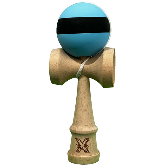 Kendama X Originala, Profesionala, Klevo, din Lemn, 18 cm, Rubber Grip, Dungi Albastru/Negru