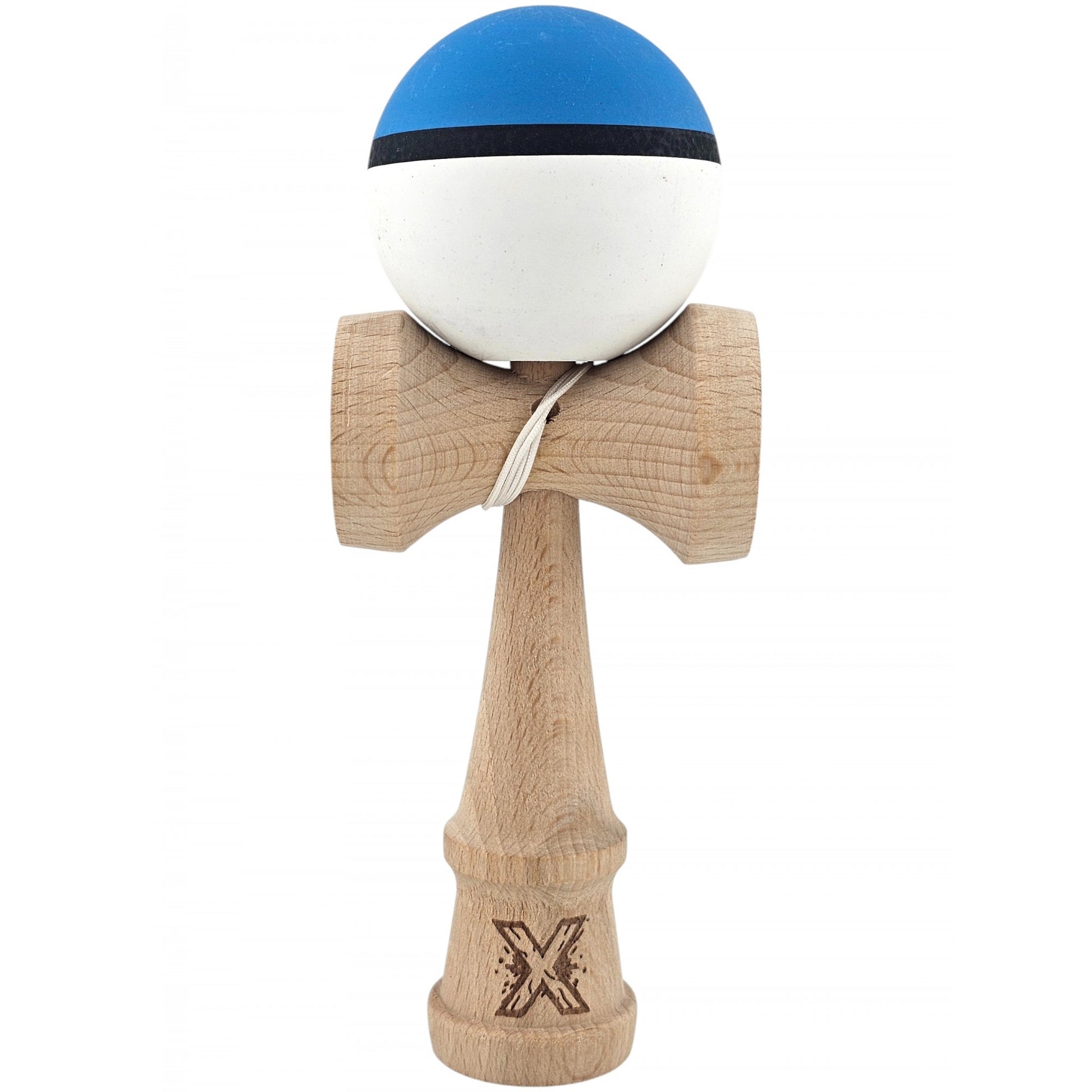 Kendama X Originala, Profesionala, Klevo, din Lemn, 18 cm, Rubber Grip, Albastru/Alb