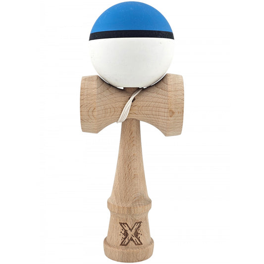 Kendama X Originala, Profesionala, Klevo, din Lemn, 18 cm, Rubber Grip, Albastru/Alb