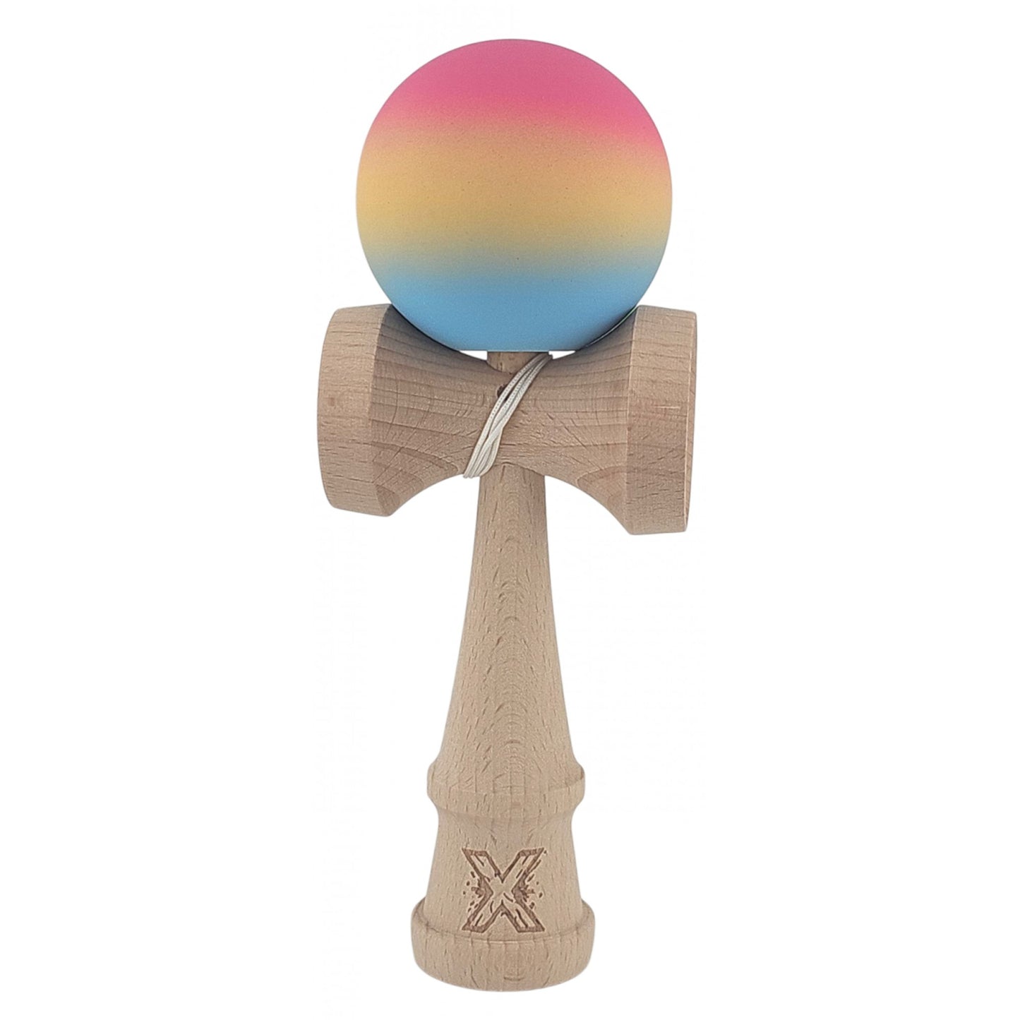 Kendama X Originala, Profesionala, Klevo, din Lemn, Rubber Grip, 18 cm, Roz/Galben/Albastru