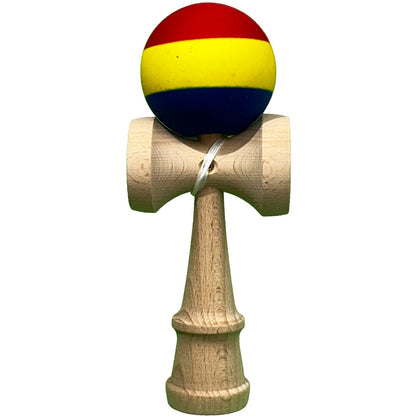 Kendama X Originala, Profesionala, Klevo, din Lemn, Rubber Grip, 18 cm, Rosu/Galben/Albastru