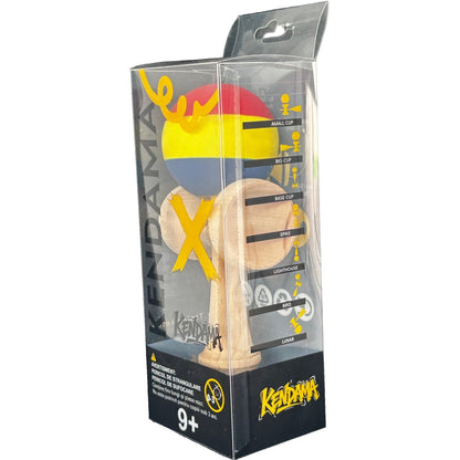 Kendama X Originala, Profesionala, Klevo, din Lemn, Rubber Grip, 18 cm, Rosu/Galben/Albastru