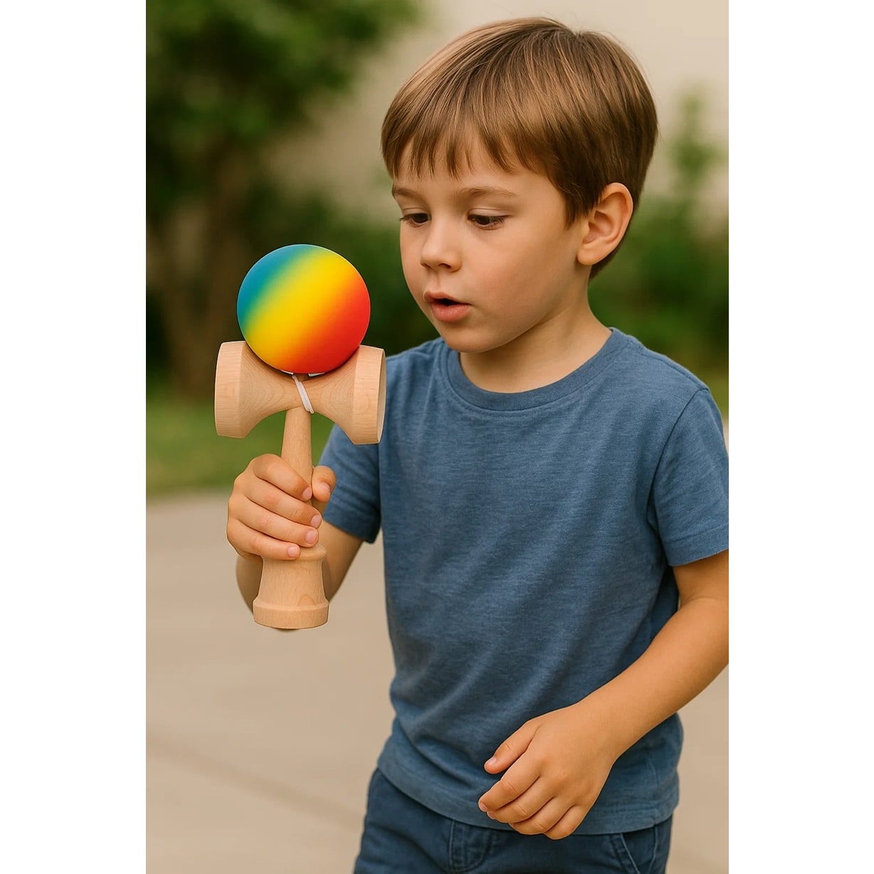 Kendama X Originala, Profesionala, Klevo, din Lemn, Rubber Grip, 18 cm, Rosu/Galben/Albastru