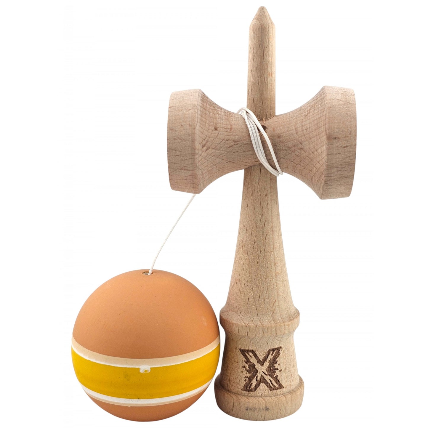 Kendama X Originala, Profesionala, Klevo, din Lemn cu Bila cu Invelis din Cauciuc, 18 x 6 x 7 cm, Rubber Grip, Portocaliu/Galben/Alb