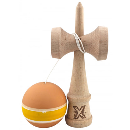 Kendama X Originala, Profesionala, Klevo, din Lemn cu Bila cu Invelis din Cauciuc, 18 x 6 x 7 cm, Rubber Grip, Portocaliu/Galben/Alb