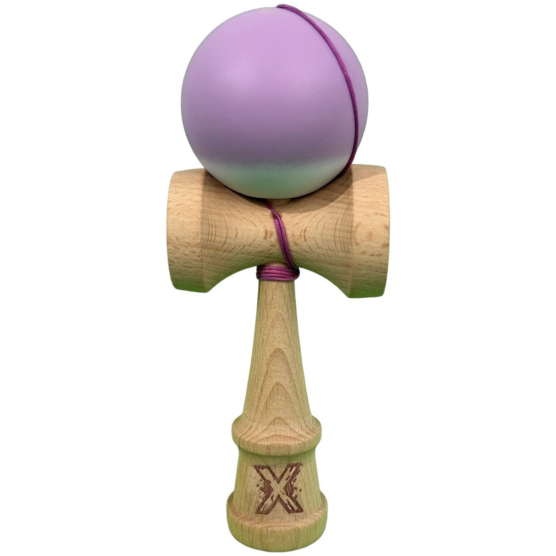 Kendama X Originala, Profesionala, Klevo, din Lemn cu Bila Cauciucata, 18 x 6 x 7 cm, Gradient Mov/Alb