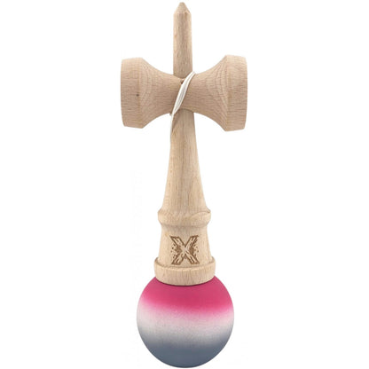 Jucarie Interactiva Kendama X Profesionala, Klevo, din Lemn, Rubber Grip, 18 cm, Roz/Alb/Gri
