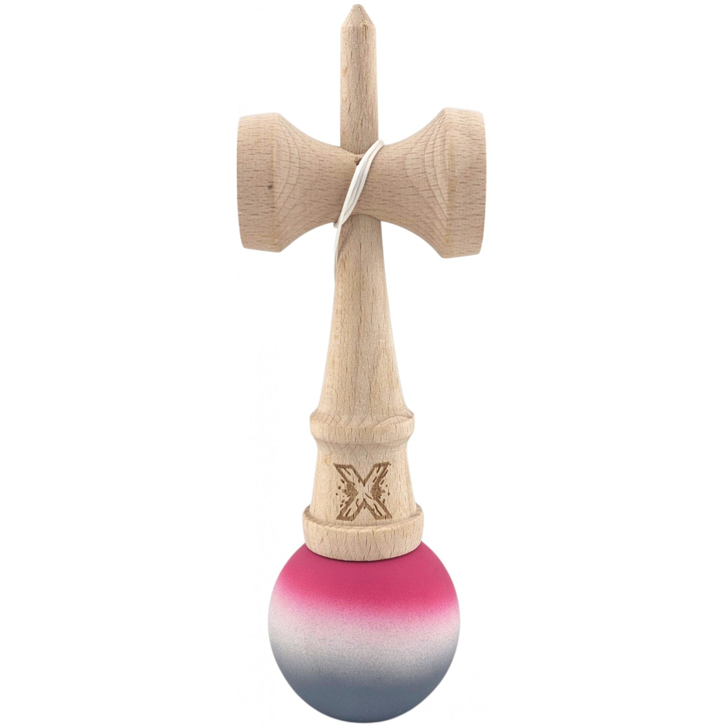 Kendama X Originala, Profesionala, Klevo, din Lemn, Rubber Grip, 18 cm, Roz/Alb/Gri