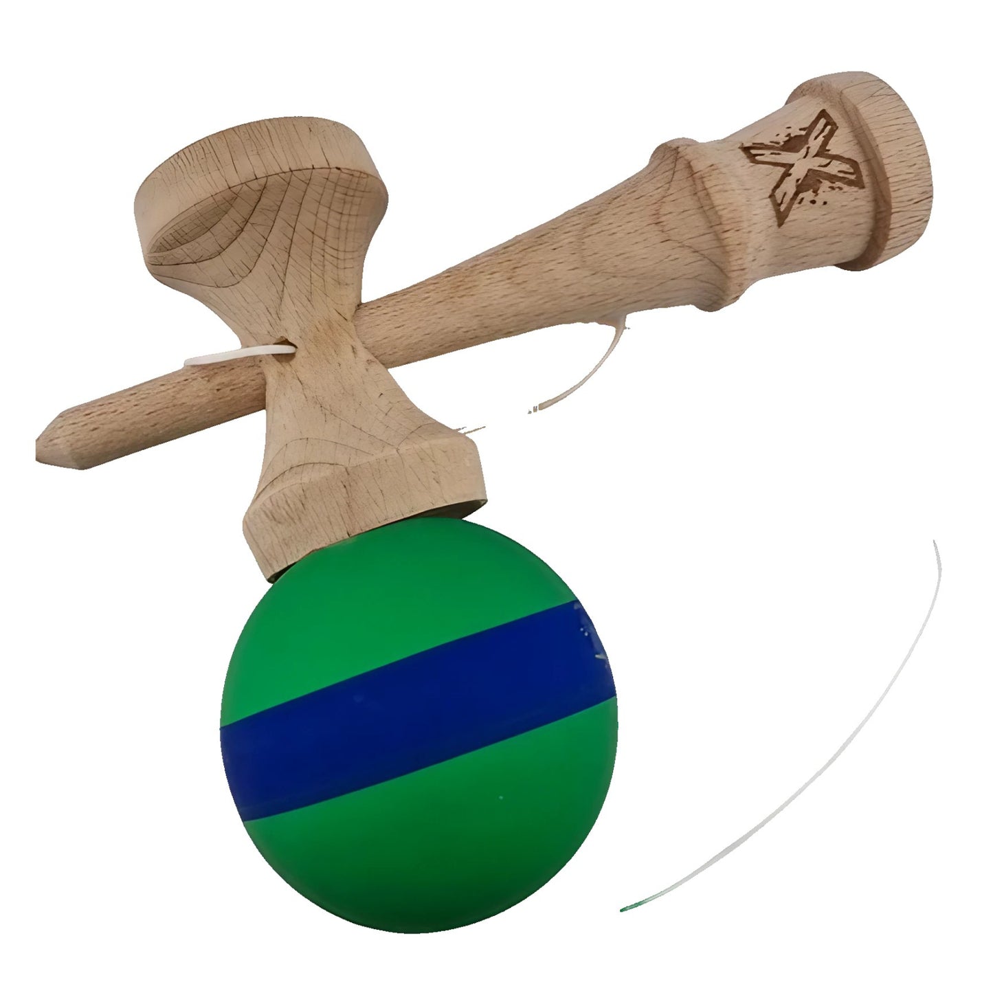Kendama X Originala, Profesionala, Klevo, 18 cm, din Lemn, Rubber Grip, Verde/Albastru