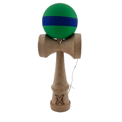 Kendama X Originala, Profesionala, Klevo, 18 cm, din Lemn, Rubber Grip, Verde/Albastru