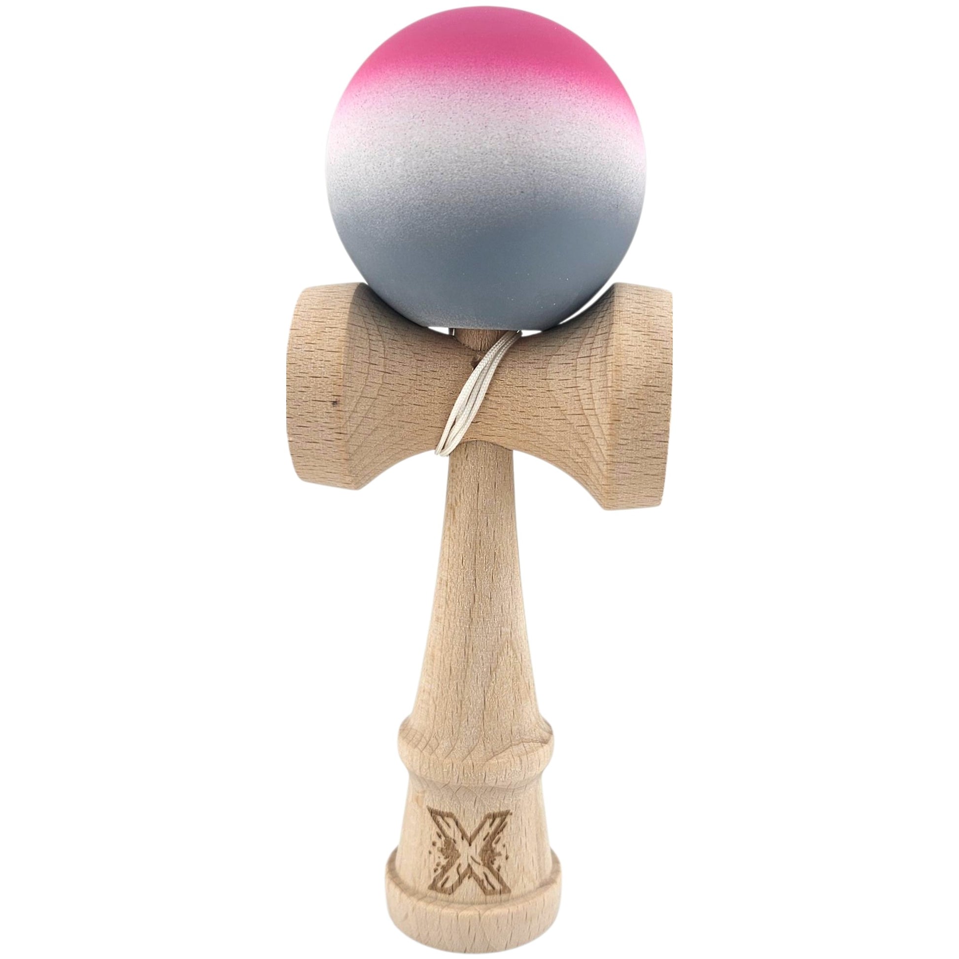 Kendama X Originala, Profesionala, Klevo, din Lemn, Rubber Grip, 18 cm, Roz/Alb/Gri
