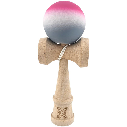 Kendama X Originala, Profesionala, Klevo, din Lemn, Rubber Grip, 18 cm, Roz/Alb/Gri