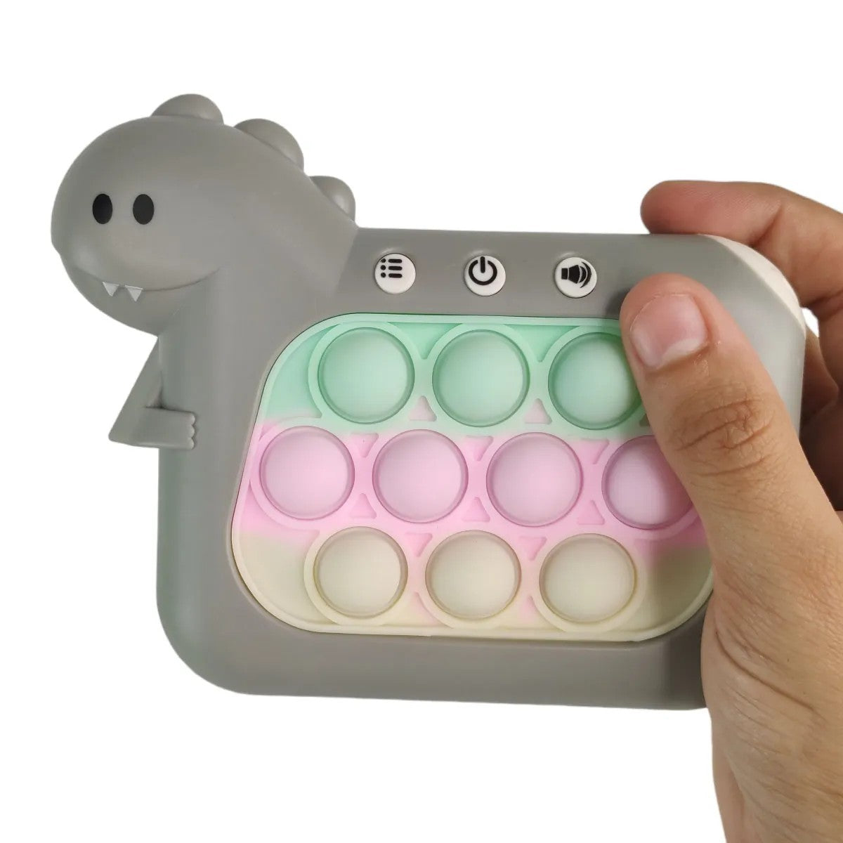 Jucarie Interactiva Pop It Whack A Mole, Klevo, Tip Consola, Anti-Stres, 4 Moduri de Joc, din ABS si Silicon, +3 Ani, Model Dinozaur, Gri