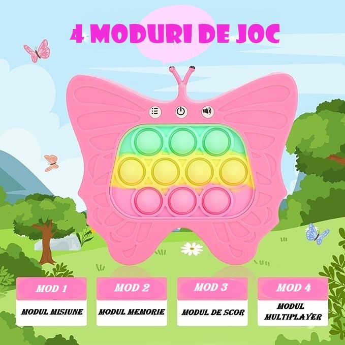 Jucarie Interactiva Tip Consola pentru Copii, Klevo, Diferite Moduri de Joc, 120 Nivele, Material ABS/silicon, Sunete si Lumini, 12 x 5.5 x 13.5 cm, Model Fluture, Fucsia