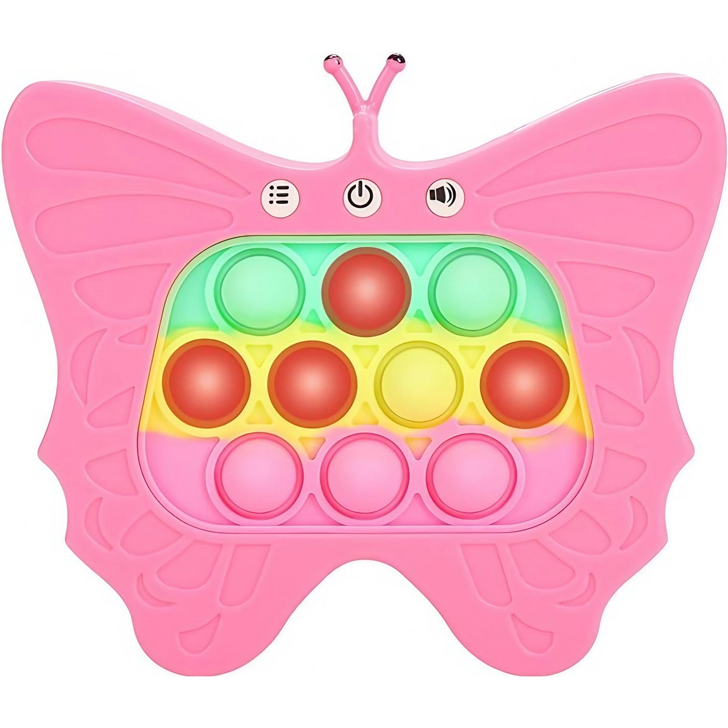 Jucarie Interactiva Tip Consola pentru Copii, Klevo, Diferite Moduri de Joc, 120 Nivele, Material ABS/silicon, Sunete si Lumini, 12 x 5.5 x 13.5 cm, Model Fluture, Fucsia