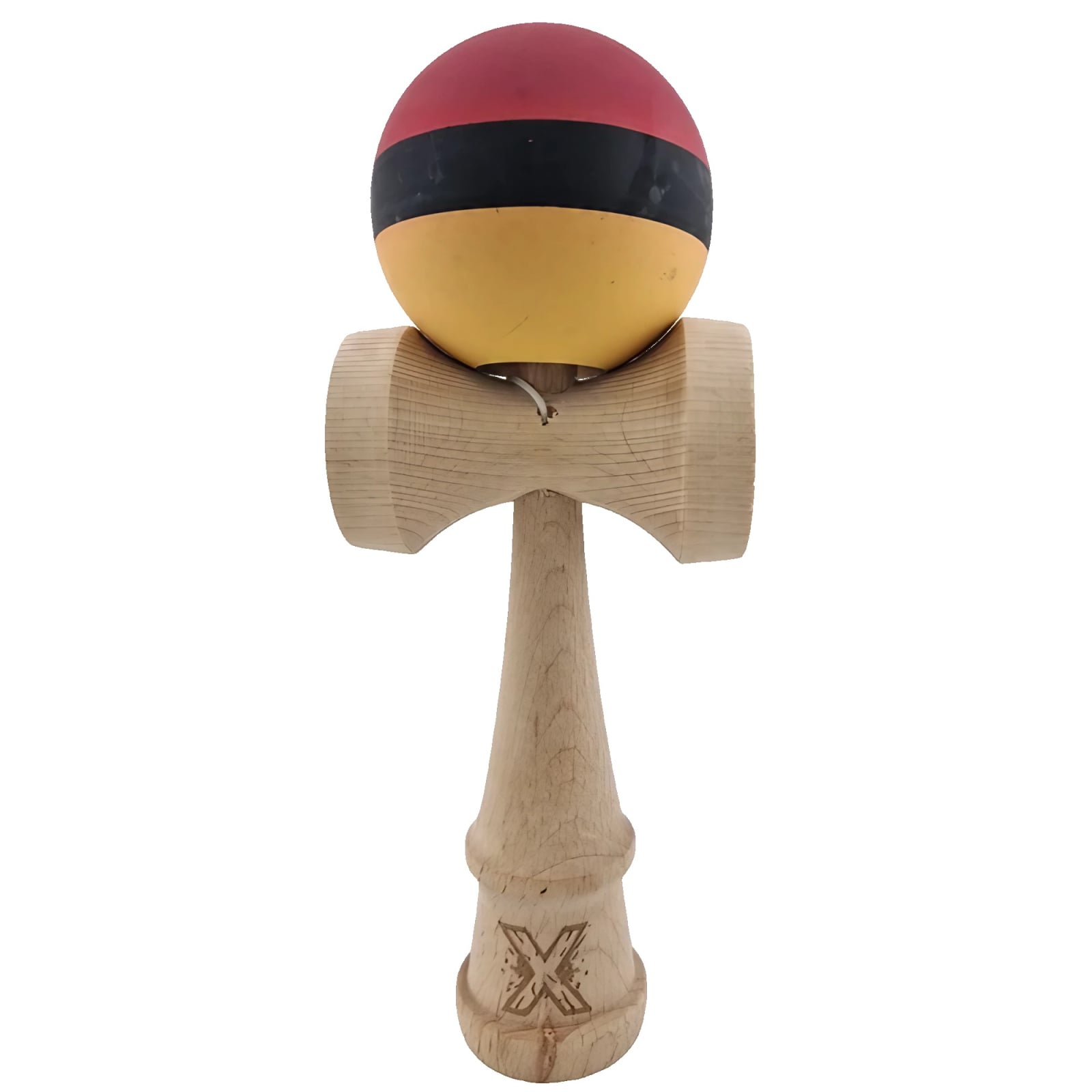 Kendama X Originala, Profesionala, Klevo, din Lemn, Rubber Grip, 18 cm, Rosu/Negru/Galben