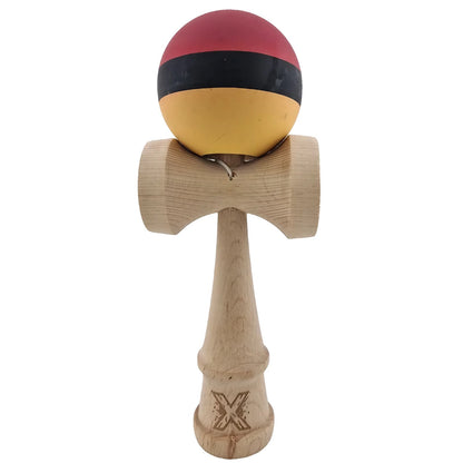 Kendama X Originala, Profesionala, Klevo, din Lemn, Rubber Grip, 18 cm, Rosu/Negru/Galben