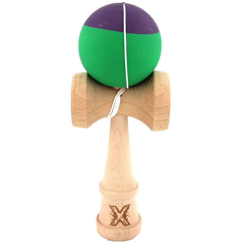 Kendama X Originala, Profesionala, Klevo, din Lemn, Rubber Grip, 18 cm, Verde/Mov