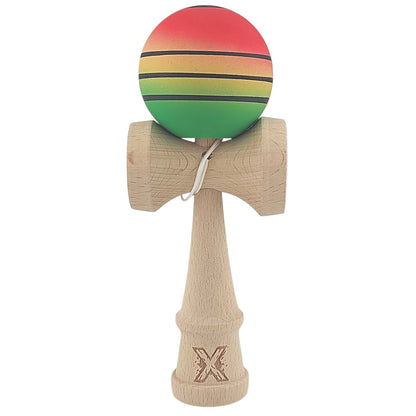 Kendama X Originala, Profesionala, Klevo, din Lemn, Rubber Grip, 18 cm, Rosu/Galben/Verde