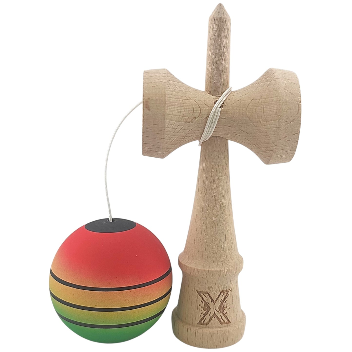 Kendama X Originala, Profesionala, Klevo, din Lemn, Rubber Grip, 18 cm, Rosu/Galben/Verde