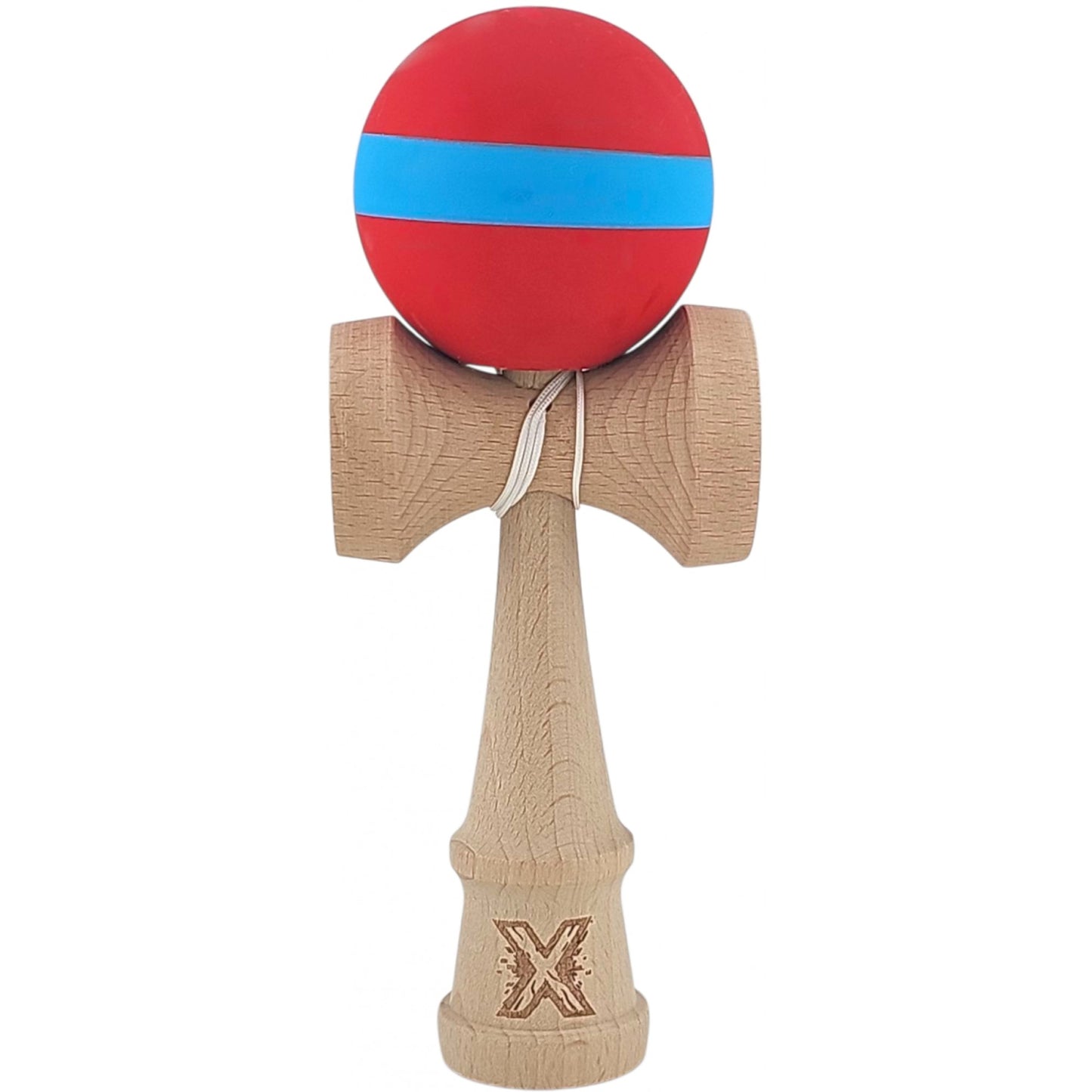 Kendama X Originala, Profesionala, Klevo, 18 cm, din Lemn, Rubber Grip, Rosu/Albastru