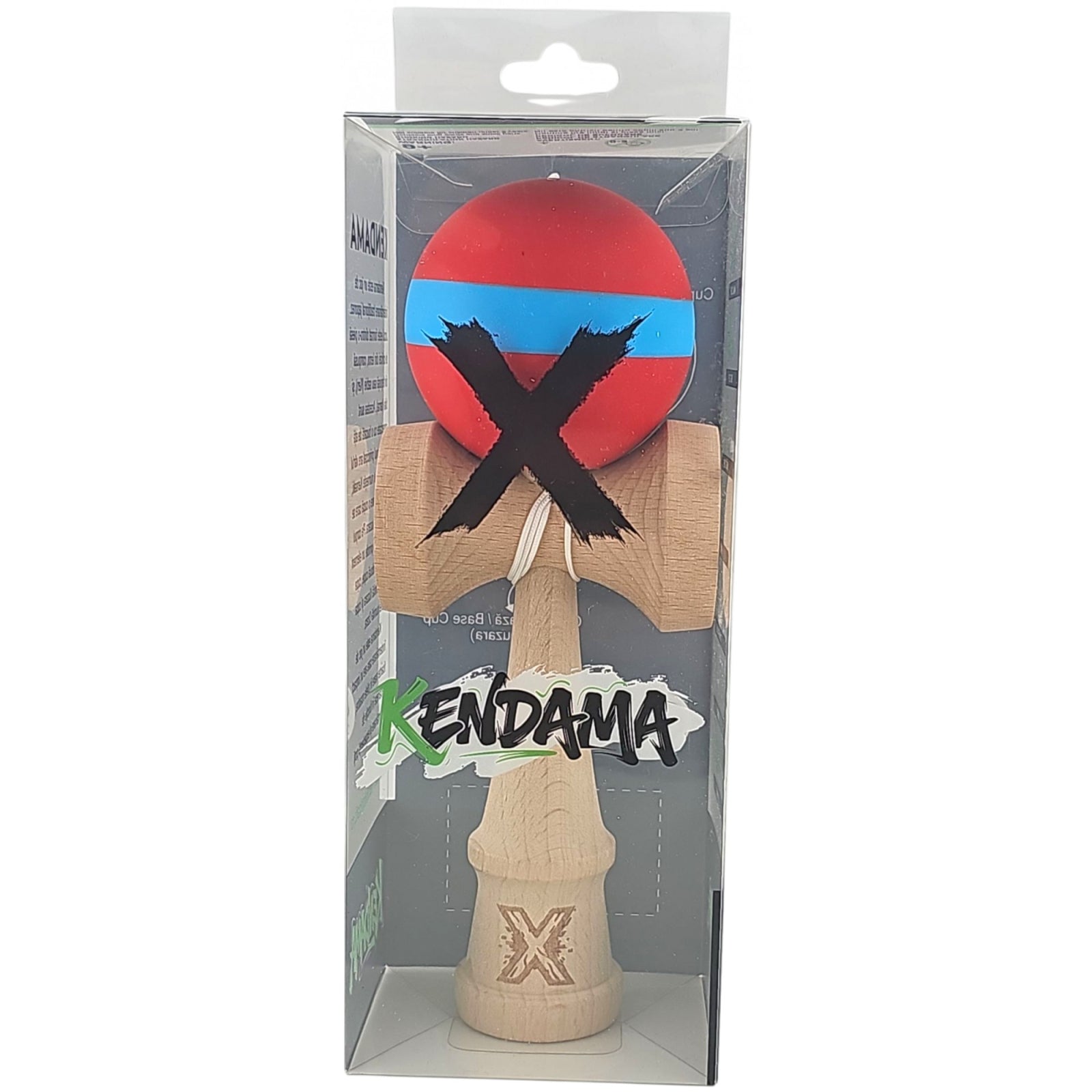 Kendama X Originala, Profesionala, Klevo, 18 cm, din Lemn, Rubber Grip, Rosu/Albastru