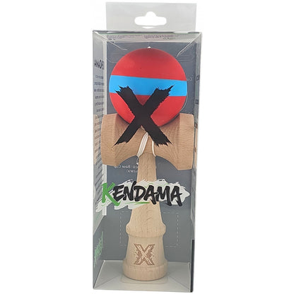 Kendama X Originala, Profesionala, Klevo, 18 cm, din Lemn, Rubber Grip, Rosu/Albastru