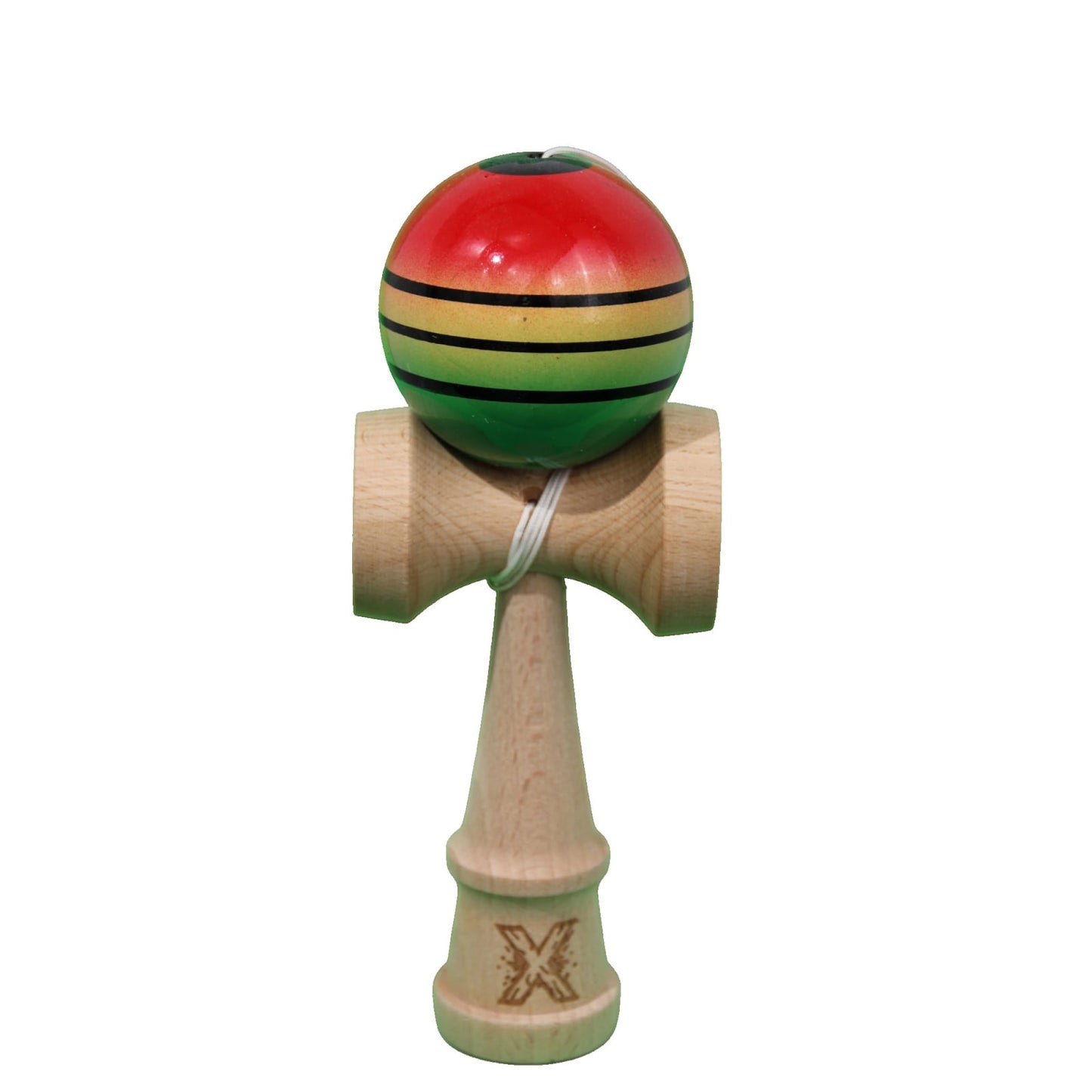 Kendama X Originala, Profesionala, Klevo, Super Sticky, din Lemn, 18 cm, Gradient Rosu/Galben/Verde