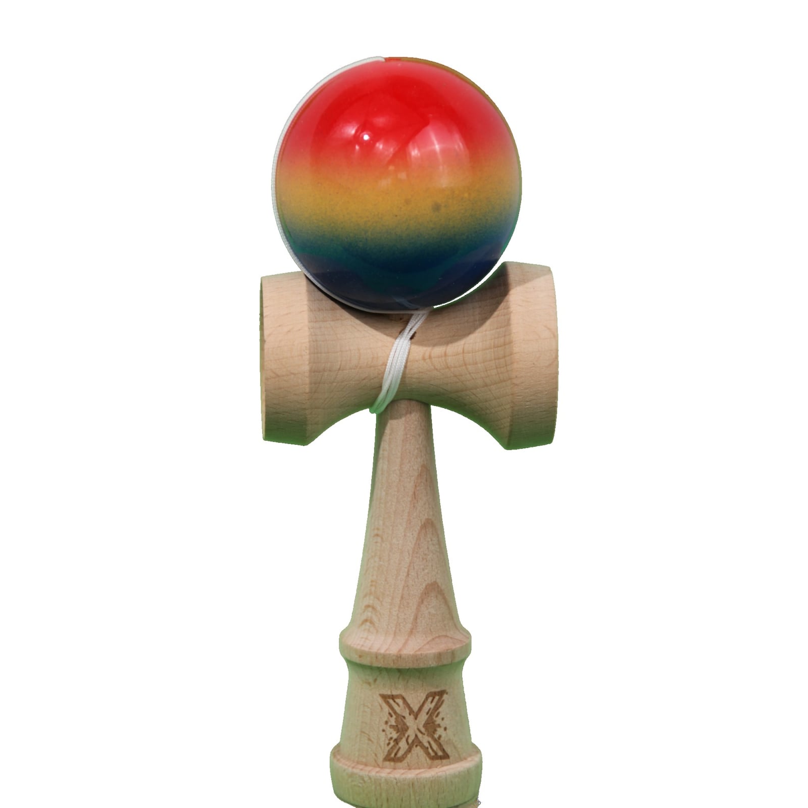 Kendama X Originala, Profesionala, Klevo, Super Sticky din Lemn, 18 cm, Gradient Rosu/Galben/Albastru
