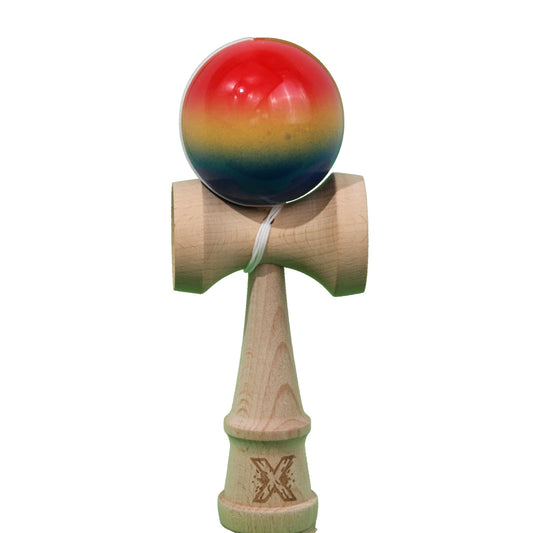 Kendama X Originala, Profesionala, Klevo, Super Sticky din Lemn, 18 cm, Gradient Rosu/Galben/Albastru