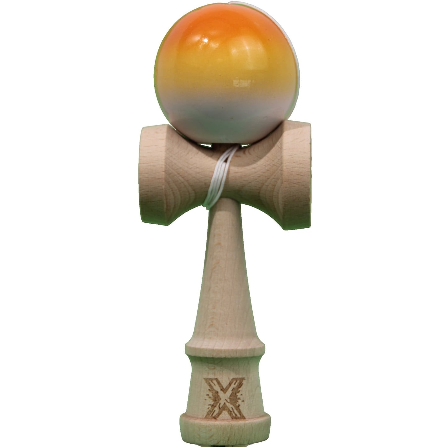 Kendama X Originala, Profesionala, Klevo, Super Sticky din Lemn, 18 cm, Gradient Portocaliu/Galben/Alb